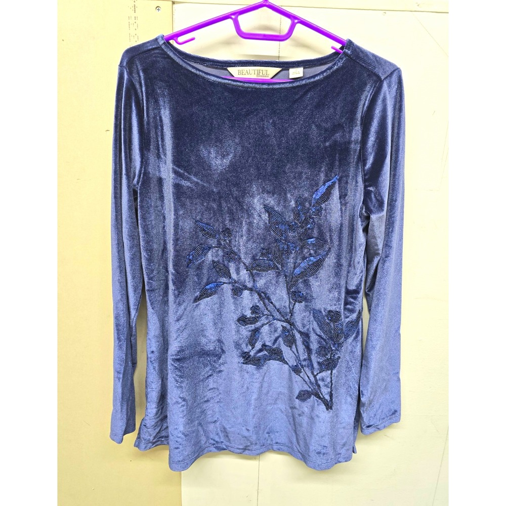 Beautiful by Lawrence Zarian Womens Blue Velvet Sequin Boat Neck Top S
